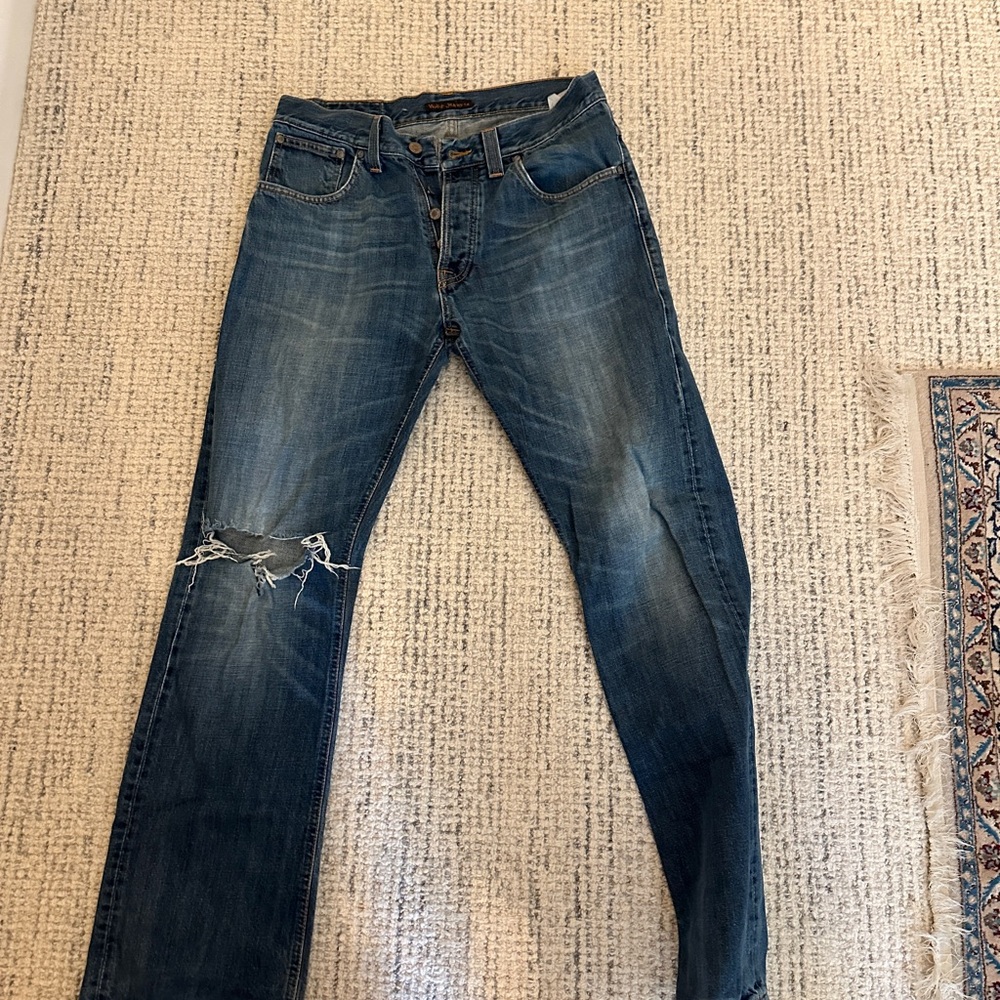 Nudie Jeans Blue Straight Fit Distressed Denim